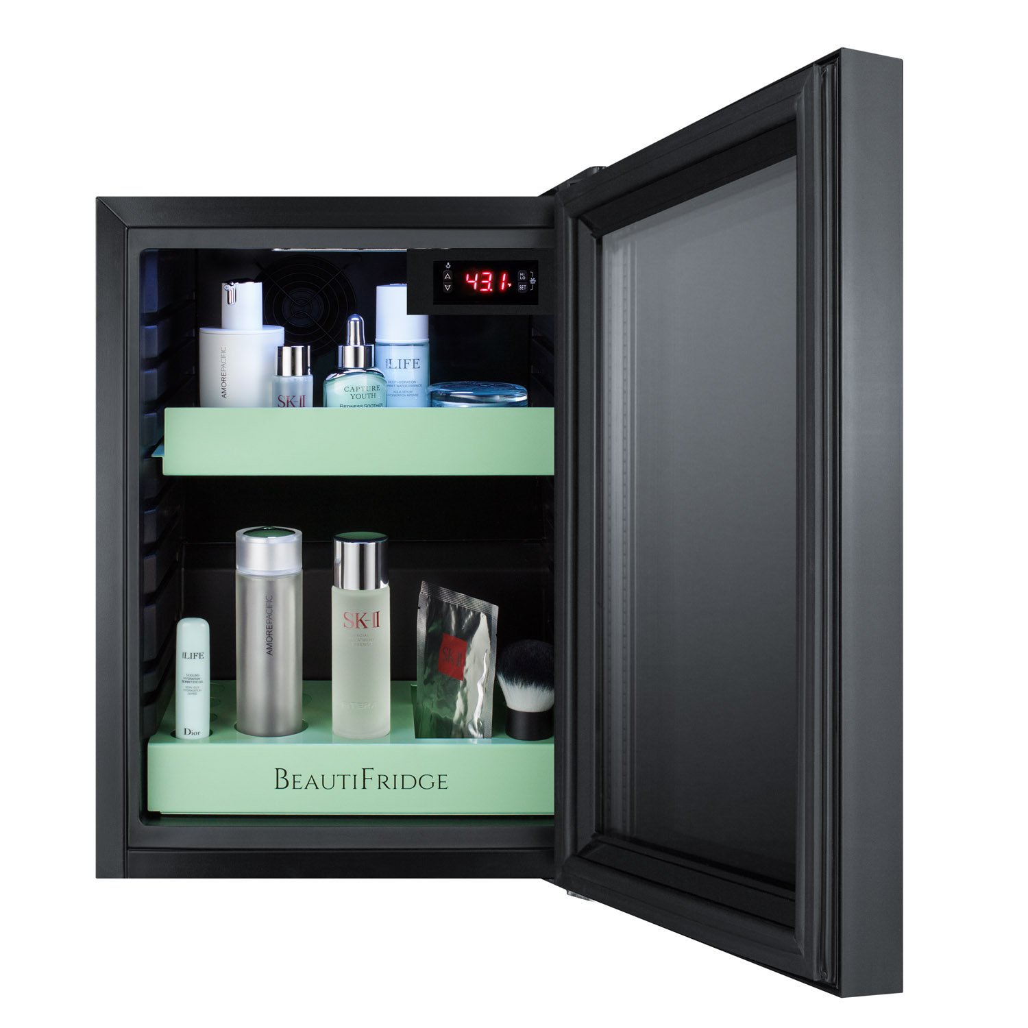 BeautiFridge compact cosmetics cooler with mirror-tinted glass door, black cabinet, lock, glossy mint shelves, and digital controls set for the storage of beauty products